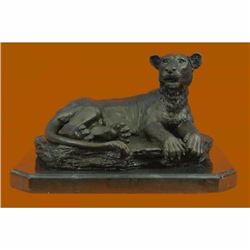 Art Deco Large Female African Wildlife Lion Bronze Sculpture Marble Base Statue Decor