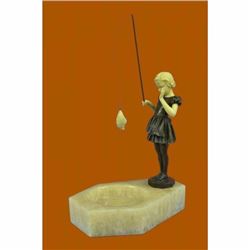 Hot Cast Cute Girl Fishing Ashtray Bronze Sculpture Beige Marble Base Figurine