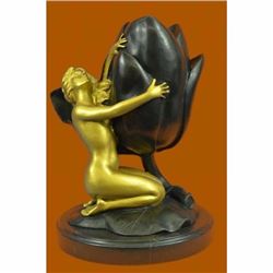Art Nouveau Gilt Nude Nymph holding Tulip Candle Holder Bronze Sculpture Figure