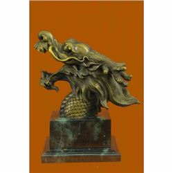 Hot Cast Detailed Dragon Head Bronze Sculpture Green Marble Base Figurine Figure