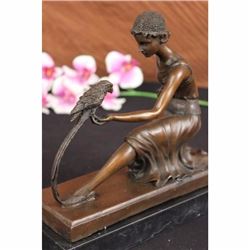 CHIPARUS VINTAGE ART DECO LADY AND THE PARROT BRONZE/MARBLE SCULPTURE