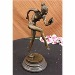 Signed Nude Girl Dancing Bronze Marble Statue