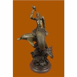 NUDE BRONZE MERMAID WITH DOLPHIN FISH BRONZE STATUE NR SCULPTURE FIGURINE
