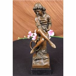 Signed Carpeaux Young Man sitting on a tree Trunk Reading Book Bronze