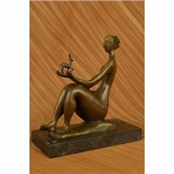 Signed Abstract Figurative Female Figurine Bronze Marble Base Sculpture Modern