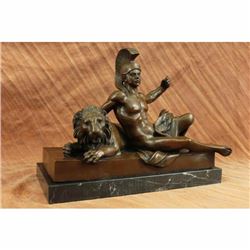 Art Deco Hot Cast Roman Warrior Laying next to Lion Bronze Sculpture Figurine NR