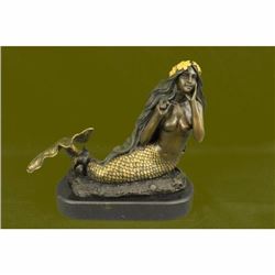 Art Deco Special Patina Gilt Bronze Mermaid Fantasy Sculpture Figurine Hot Cast