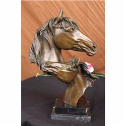 BEAUTIFUL PURE BRONZE MOUNTED TWO HORSES HORSE STATUE BUST FIGURE SCULPTURE