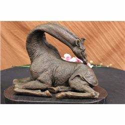 African Graceful Giraffe Sitting Bronze Sculpture Signed Marble Base Figurine NR