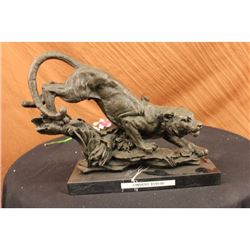 Signed Barye Panther Wild African Cat on Tree Bronze Sculpture Statue