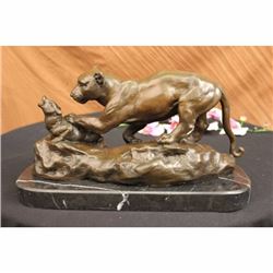 Signed Barye Jaguar attacks Cub Bronze Statue Figure Marble Base Sculpture DECO