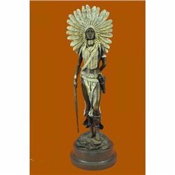 Bronze Marble Statue Indian Native American Warrior Art Nouveau Deco