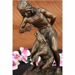 AMERICAN NATIVE TRAINING A BEAR BRONZE SCULPTURE STATUE