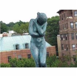 SIGNED SHY NUDE GIRL BRONZE STATUE WITH GREEN PATINA