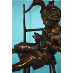 JOLIE CAT BEAUTIFUL CAT W/ LITTLE KID BRONZE SCULPTURE