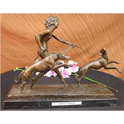 SIGN BOURANE LADY CHASING DOGS BRONZE SCULPTURE
