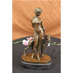 SIGNED ORIGINAL LORENZL ELEGANT LADY WITH POINTER DOG BRONZE SCULPTURE