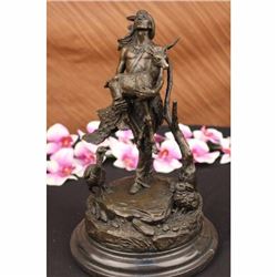 Signed Moreau Native American Indian With Deer Bronze Sculpture Statue