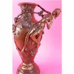 Signed Moreau Nude Girl Floral Vase Bronze Figurine Art