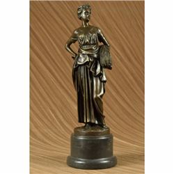 Signed Original Tusey Farmer Girl Carry Wheat Bundle Bronze Sculpture Statue