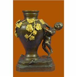 Art Deco Nude Boy Bronze Sculpture Vase Handcrafted Marble Base Figurine Figure