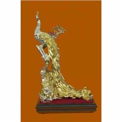 24K Gold Handcrafted Museum Quality Large Bronze Peacock With Sapphire Statue
