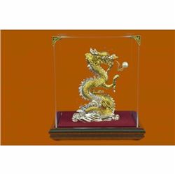 Genuine 24K Gold Silver Plated Bronze Dragon Classic Artwork Glass Display Decor
