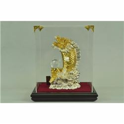 24K Gold Cobra Chinese Dragon Bronze Sculpture with Glass Display Large Figurine