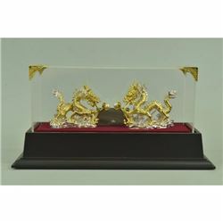 24K Gold And Silver Plated Bronze Dual Dragons Hot Cast Sculpture Figurine Decor