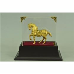 Chinese Tang Horse 24K Gold Plated with Glass Display Bronze Sculpture Statue
