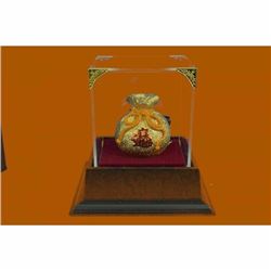 24K Gold Lucky Money Bag Bronze Sculpture Statue With Glass Display Figure Deal