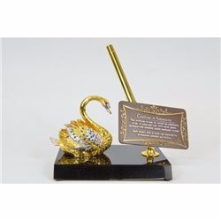 24K Gold Plated Swan Pen Holder with Quality Gem Stone Bronze Sculpture Figurine