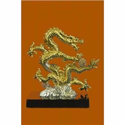24K Gold Silver Plated Chinese Dragon With Stones Bronze Sculpture Statue Figure