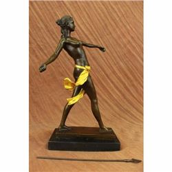 Art Deco Nude Female Gilt Diana Hunter Huntress Bronze Sculpture Marble Statue