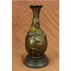 Signed Hot Cast Figural Vase Urn Bronze Sculpture Marble Base Statue Home Decor