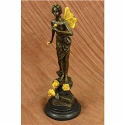NUDE FAIRY 100% BRONZE FANTASY ART NOUVEAU WINGED WOOD NYMPH SCULPTURE STATUE