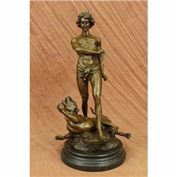 Youth and Leopard by Loys Potet Bronze Sculpture Semi Nude Marble Figurine Decor