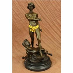 Gold Patina Young Tarzan Killing Leopard Bronze Sculpture Statue Figurine Figure