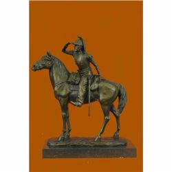 Impressive Mid Century French Cavalryman Bronze Sculpture Marble Base Figurine