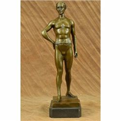 Signed Original Athletic Roman God Bronze Sculpture Marble base Statue FigurineCO