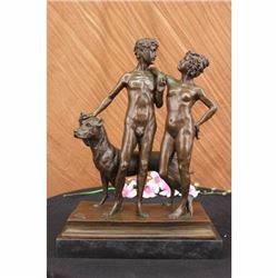 Extra Large Nude Couple accompany Dog Bronze Sculpture Marble Base Figurine SALE