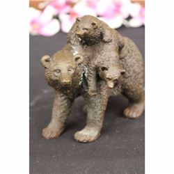 Signed Original Black Bear Mother Cub Western Art Bronze Marble Statue Sculpture