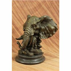Original Striking Massive Elephant Head Bust with Baby Bronze Sculpture Statue