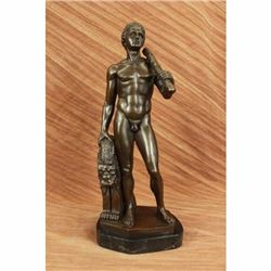 Signed Nude Male Holding a Club with Lion Bronze Sculpture Marble Statue Figure