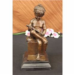 Bronze Sculpture Nude Young Girl Reading Book Art Deco Marble Base Figurine