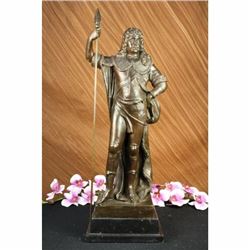 Signed Debut King Louis XIV Standing with Spear Bronze Marble Sculpture