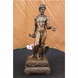 Bronze Sculpture Nude Roman Man Standing with Bird Eagle Falcon Bronze Statue