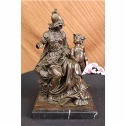 Signed Roman Warrior W/ Child Bronze Marble Sculpture Figurine Hot Cast Figure