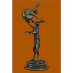Two Hares Fighting By Artist Bergman Bronze Sculpture Statue Hand Made Figurine