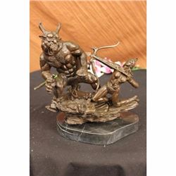 Signed Mercie Beautiful Woman Warrior Fighting Demon Bronze Sculpture Figurine